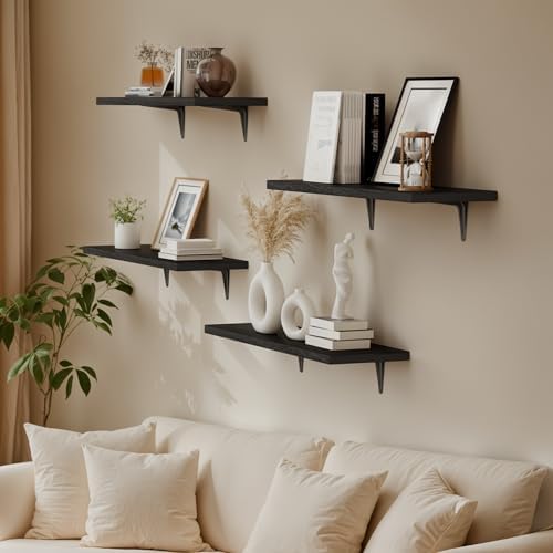 SKYSEN Floating Shelves for Wall Set of 6, 23.6in Wood Wall Shelf for Decor, Bathroom, Bedroom, Storage, Book,Kitchen, Living Room - Black(fs-60-b)