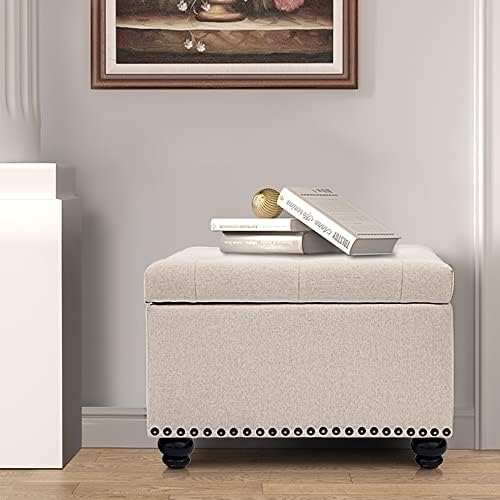 CangLong 24 Inch Tufted Lift Top Storage Ottoman Bench, Linen Foot Rest Stool with Foam Padded Seat, End of Bed Bench & Shoe Bench for Bedroom Living Room Entryway, Easy Assembly, Beige