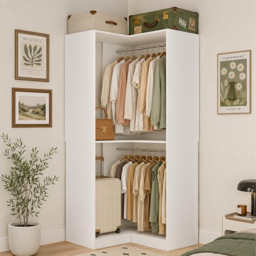 Fastgo Corner Closet System with 3 Hanging Rods, 30.8”-70.2” L Shaped Freestanding Closet Organizer System for Walk in Closets, Corner Wardrobe, White