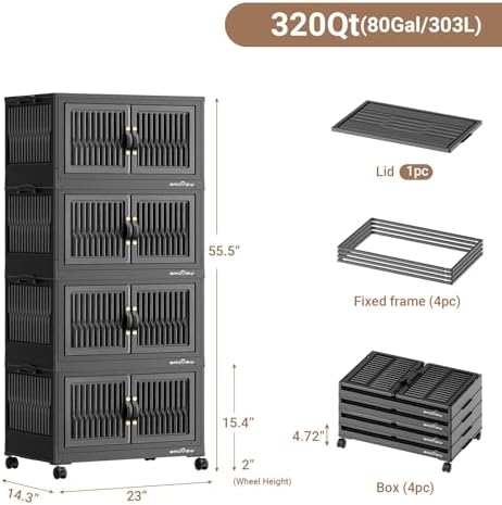 BROVIEW 320Qt Large Stackable Storage Bins with Lid & Wheels, Plastic Collapsible Closet Organizers and Storage Drawers for Clothes | Foldable Storage Cabinet Container for Dorm Kitchen 4Pack Black