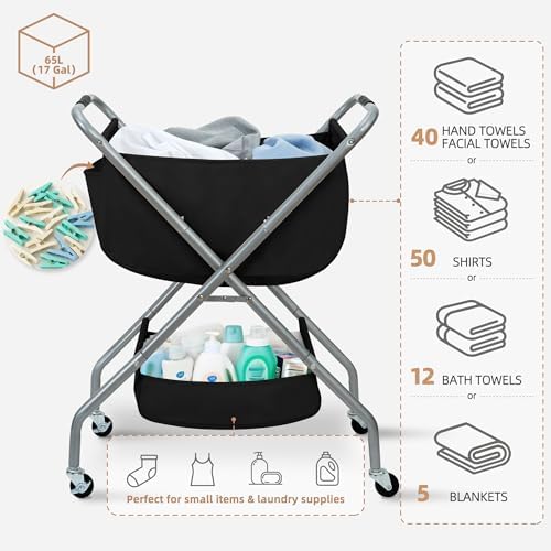 STORAGE MANIAC Collapsible Laundry Cart with Wheels 31.5"H Rolling Laundry Hamper Clothes Basket with Wheels, Canvas Liner Sturdy Steel Frame Folding for Small Narrow Space Easy Storage, Black