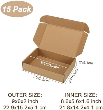 9x6x2 inch Small Shipping Boxes, Set of 15 Mailing Boxes, Brown