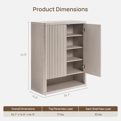 SICOTAS Shoe Cabinet 44 inch Tall Fluted Shoe Cabinet with Doors & 4 Shelves Wooden Large Hidden Shoe Storage Organizer Modern Free Standing 6-Tier Cabinet for Entryway Living Room Closet
