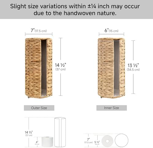 StorageWorks Water Hyacinth Free Standing Toilet Paper Holder Stand for Bathroom, 3 Rolls of Toilet Tissue Storage with a Built-in Cloth Lining, Toilet Roll Holder Stand with Lid (Pack of 2)