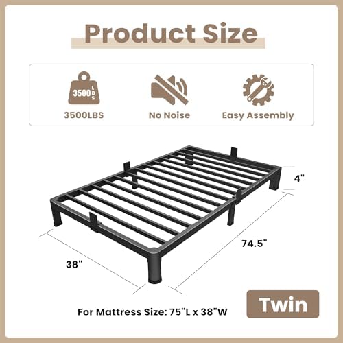 ROIL 4 Inch Twin Bed Frame Low Profile with Rounded Corner Mattress Baffle