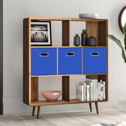 Black Foldable Storage Cubes Bins, Fabric Storage Box Cubes Organizer Baskets with Dual Handles for Home Organizer,Set of 3,(Dark Blue)