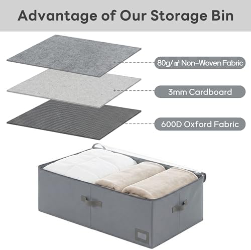10" High Capacity Under Bed Storage Bins (2-Pack, Charcoal Grey), Deep 600D Heavy Duty Oxford Fabric Organizer Containers with Matching Vegan Leather Handles for Comforters, Pillows & Blankets