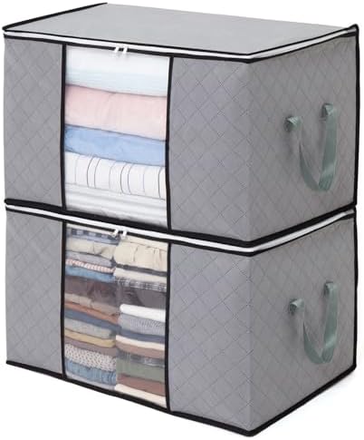 Astro Large Capacity Clothes Storage Bags, 2 Pack Foldable Closet Organizers with Handles, Activated Carbon, Breathable Material, Zipper, Clear Window for Blanket Comforter Clothing Bedding, Grey, 90L