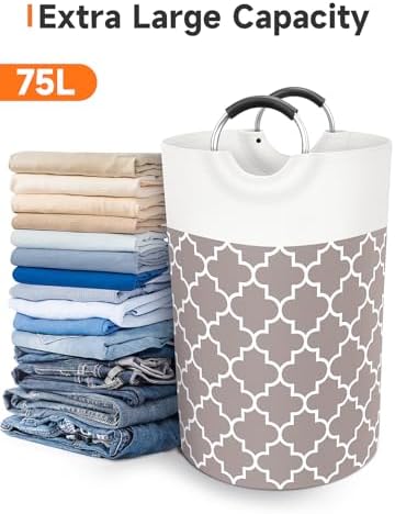 Large Laundry Basket, 75L Tall Collapsible Hamper with Handles, Khaki