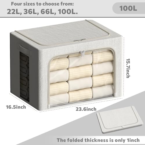 FHSQX 2 Pack Clear Window Storage Bins Large Stackable Linen Fabric Storage for Clothes Foldable Container Organizer Set with Carrying Handles (Lvory White, 23.6x 16.5x 15.7 Inch)