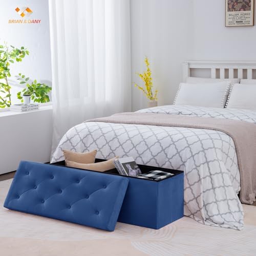 BRIAN & DANY 43 Inches Folding Storage Ottoman Bench, Velvet Ottoman with Storage for Living Room, Bedroom, Entryway, Ottoman Foot Rest, End of Bed Bench (Blue)