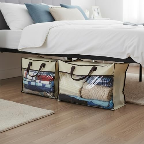Underbed Storage Bag with Zipper, Beige Non-Woven Fabric Organizer for Clothes, Bedding, and Sweaters, 15.7 x 11.8 x 3.9 Inch Container (1 Pack)