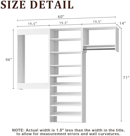Modular Closet System, 60" Wide Wall-Mounted Closet Tower Organizer with Adjustable Shoe Shelves and Hanging Rods for Walk-In Closet Storage, White