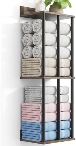 Towel Racks for Bathroom Wall Mounted with Wooden Storage Shelf | Updated 3 Bar Metal Towel Holder for Rolled Towels, Sturdy and Large Capacity, Towel Storage Organizer