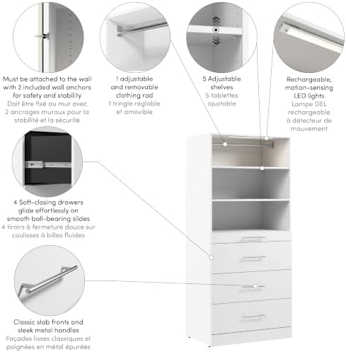 Bestar 36W x 25D Modular Closet Organizer System Tower, Reach-in Closet or Walk-in with LED Light, Shelves, and 4 Drawers, Slab Style, Florence Collection, White