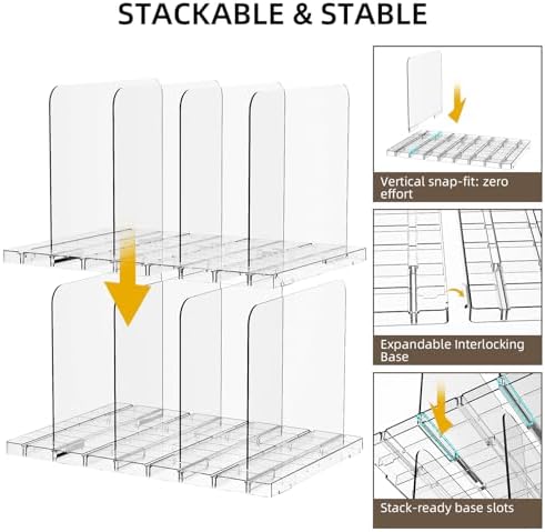 Stackable Bag & Purse Organizer for Closet Acrylic Shelf Dividers for Closet Organization, Clear Handbag Purse Storage Organizer Divider, Keep Clutch, Wallet, Pocketbook Upright, 6 Pack