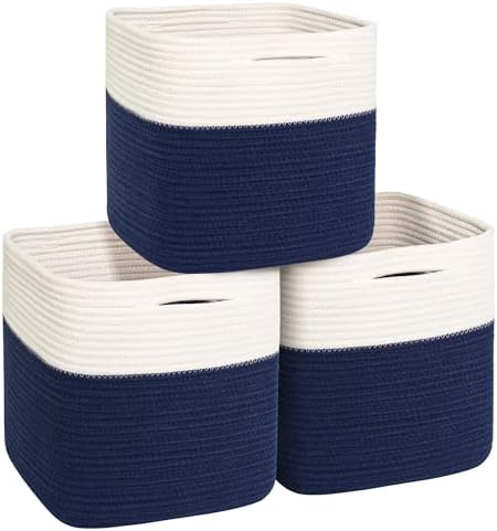 11x11 Cube Storage Bin - 3 Pack Woven Storage Cubes Organizer, 11 Inch Cotton Rope Baskets for Organizing, Decorative Square Shelf Baskets Closet Bins, Toy Boxes for Boy, Dark Blue Decor