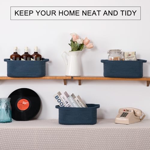 OIAHOMY 3 Pack Storage Baskets for Shelves Cotton Rope Storage Bins Blue