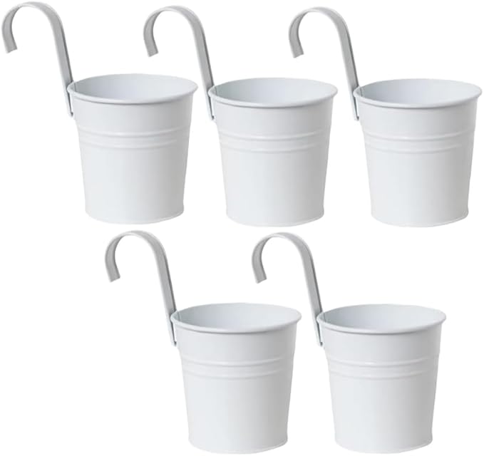 XZJMY 5 Pcs Hanging Flower Pots Metal Iron Bucket Planter Pot Metal Bucket Flower Holder with Hook Indoor Outdoor Decor for Railing Fence Balcony Garden (White)