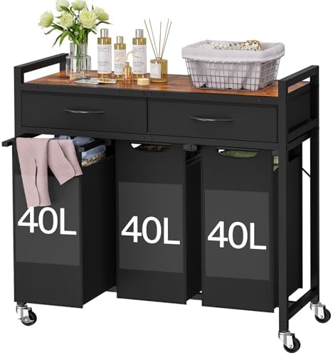 Laundry Sorter 3 Section, 120 L Laundry Hamper with 2 Drawers & 2-tone Top Panel, Rolling Laundry Basket Organizer with Pull-Out Removable Oxford Fabric Bags for Laundry Room Organization UNZYL006BVV3