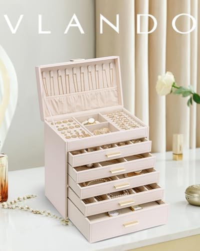 VLANDO Large Jewelry Box, 6 Layer Storage Organizer, Removable Dividers