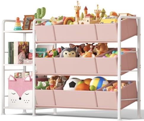 BBLIKE Kids Bookshelf and Toy Storage Organizer with 9 Removable Toy Bins | 43.7"x11.8"x 31.5", Metal Frame, Adjustable Feet, Stuffed Animal Storage Rack for Playroom, Bedroom, Nursery, Pink