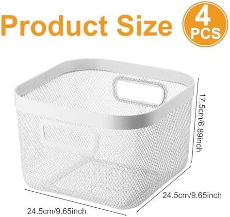 MorningRo 4 Pack Metal Mesh Basket with Hollow Handles White Wire Storage Bin for Organizing Stackable Metal Fine Mesh Basket for Pantry Bathroom Kitchen Cabinets Shelves (Medium)