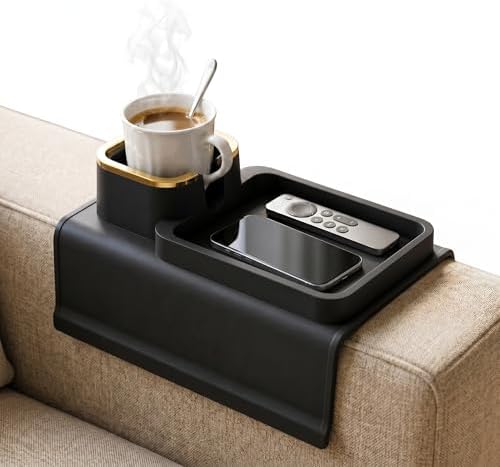 Silicone Recliner Cup Holder & Couch Caddy | Weighted Recliner Arm Caddy Tray, Anti-Spill Armchair Caddy with Cup Holder, Fits Flat Arms 6"+, Black
