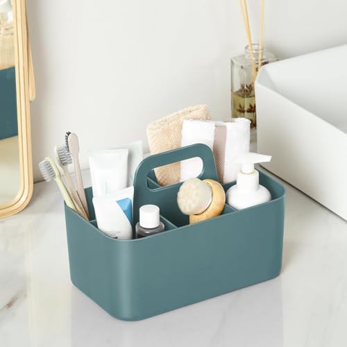 Multiuse Caddy Organizer with Handle, Portable Divided Plastic Tote Bin - Art Craft, Stationary Pen Marker Crayons, Makeup Hair Supplies Storage - Bathroom, Classroom, Dorm, Office, Desk Holder - Cyan