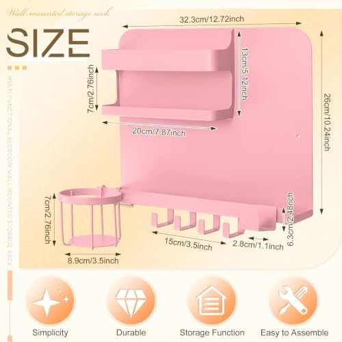 Novabright Bedside Wall Organizer Metal Shelf for Dorm Bedroom,Pink