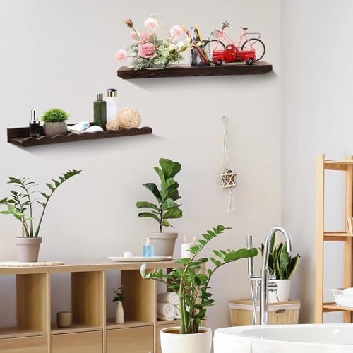 Suzile 2 Pcs Scalloped Floating Wall Shelves,16.5",Dark Brown | Scalloped Edge, Book Display, Plant Display, Photo Frames, Toy Storage, Nursery, Bedroom, Bathroom, Aesthetic Decor