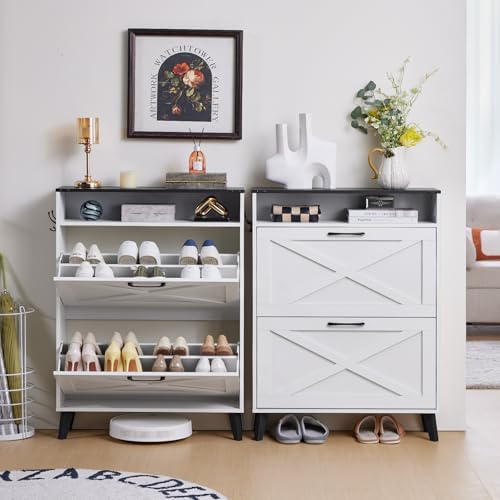 Joaxswe Narrow Shoe Cabinet with 2 Flip Drawers for Entryway,White