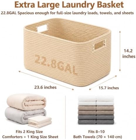 22.8GAL Xl Extra Large Laundry Basket for Bathroom, Dorm dirty Clothes, Sturdy Portable Aesthetic Boho Cute Woven Storage Shoes Blanket Baskets for Living Room Decor Girls Boys Pets Toys Oatmeal