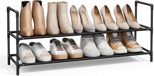 SONGMICS 2-Tier Shoe Rack, Shoe Storage for Hallway Closet, Slim and Space-Saving, Steel Frame, Non-Woven Fabric Shelves, Black ULSH052B01 (Pack of 6)