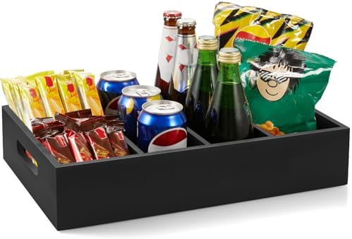 DRASTAR Pantry Organization and Storage Bins, Large Snack Organizer with Removable Dividers, Wooden Storage Caddy for Kitchen, Pantry, Cabinet, Countertop, Black