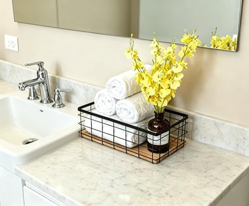 ShabbyDecor Farmhouse Metal Wire Basket for Kitchen Cabinets Pantry etc | Detachable Wood Base Storage Organizer for Kitchen Cabinets, Bathroom, Pantry, Laundry Room