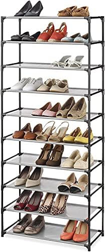 Whitmor Spacemaker 10 Tier Shoe Rack Tower, Tall Metal & Fabric Shoe Shelf Organizer for Entryway, Garage, Holds Shoes, Handbags & Accessories, 12"D×24.5"W×60"H