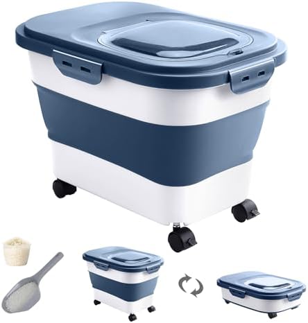 20-30 Lbs Rice Storage Container,Collapsible Food Storage Container | Flour Storage Container with Wheels Airtight Locking Lid,Rice Container Double Seal,Keep Fresh for Pet Food,Rice,Flour