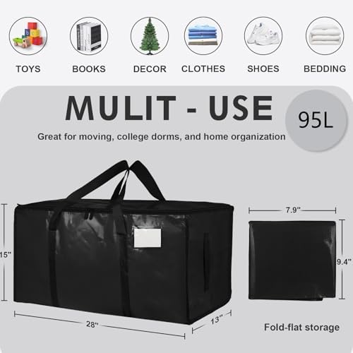 16 Pack-Extra Large Heavy Duty Moving Bags - Waterproof Storage Totes with Handles & Zippers, Foldable for College Dorm, Storage (Black)