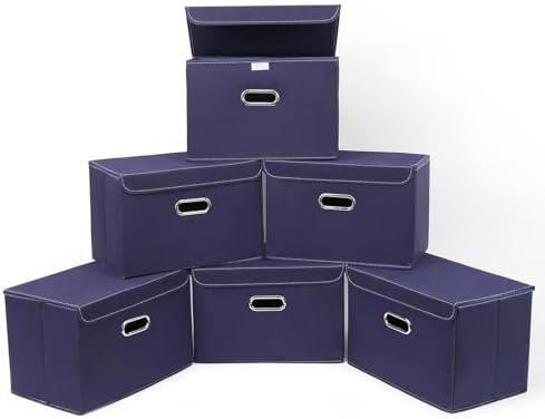 STOREONE Fabric Storage Cube Bins Foldable Organizer Container Collapsible Basket with Lids and Metal Handles, for Home, Bedroom, Closet 6 Pcs (Navy Blue)
