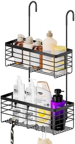 SHANSHUI Shower Hanging Caddy, Double Bathroom Showers Organizer Basket, Shampoo Bracket, Over Door Shower Rack with Hooks, 304 Stainless Steel Rustproof