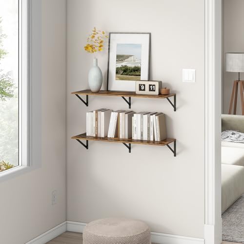 36"W x 12"D Floating Shelves, Deep Floating Shelves with Brackets, 12 Inch Deep Wall Shelves for Books, Wide Display Storage Shelves for Bathroom, Living Room, 36 Inch Long, Rustic Brown, Set of 2