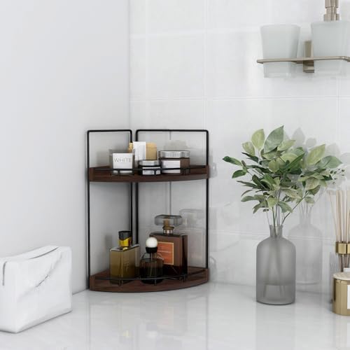 Dorhors Corner Bathroom Counter Organizer,Vanity Countertop Storage Shelf | 2-Tier Walnut Rack Holder for Skincare,Perfume,Makeup,Lotion,Wood Sink Tray Stand for Kitchen,Restroom,Dresser
