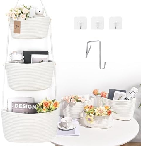 Hanging Basket, 3-Tier Woven Wall Basket with 4 Hooks, Cotton Rope Storage Baskets, Over the Door Organizer for Nursery, Bedroom, Cottage and Boho Wall Decor