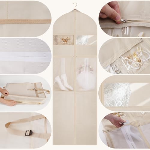 Wedding Dress Garment Bag,72" Tri-Fold Bridal Gown Bag with 12 Pouches and Adjustable Buckle Gown Cover for Wedding/Prom/Travel/Closet Storage (2pcs Beige)
