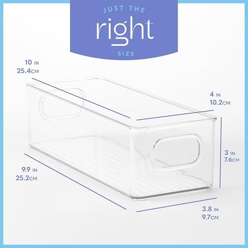 Plastic Food Storage 4 Pack Clear Container Bin with Handles for Organizing Kitchen, Pantry, Fridge, Freezer, Pantry,Bathroom. 10"x4"3"