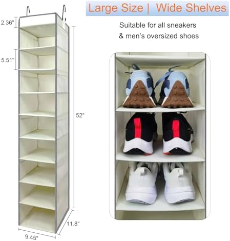 Large-Sized Hanging Shoe Organizer 10-Shelf, Sturdy Hanging Closet Organizer with 8 Side Pockets, Wider Hanging Shelves for Storage Shoes Clothes Jeans Shirts Toys, Beige