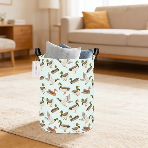 Foldable Waterproof Round Fabric Laundry Basket Home, Mallard Duck | Large Capacity, For Apparel Textiles, Plush Goods Storage, Whole House Tidying