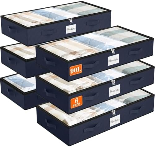 90L Under Bed Storage Containers, Storage Bags, Organizers, 6-Pack, Blue