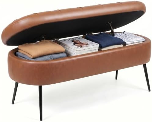 Storage Ottoman Bench, 43.7"PU Leather End of Bed Bench Walnut Brown